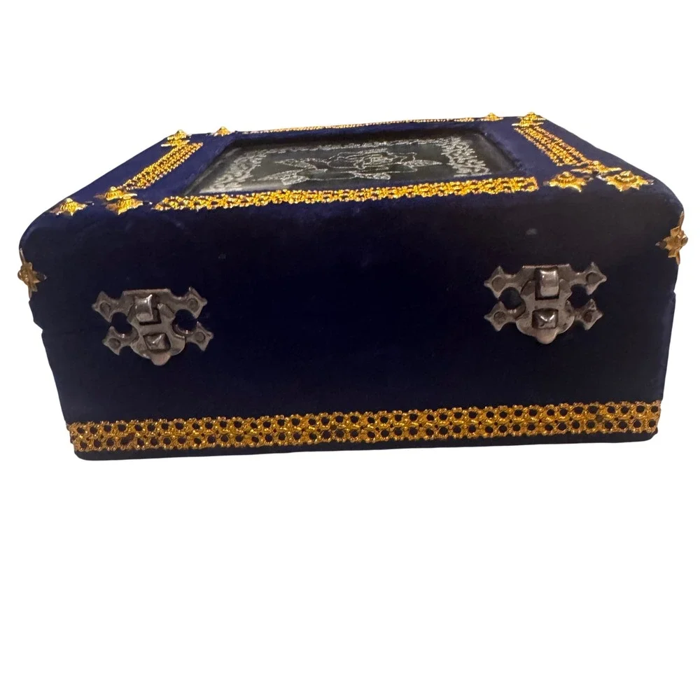Vintage Blue Velvet Box Persian Design Glass Lid Ornate Trim Display Compartment